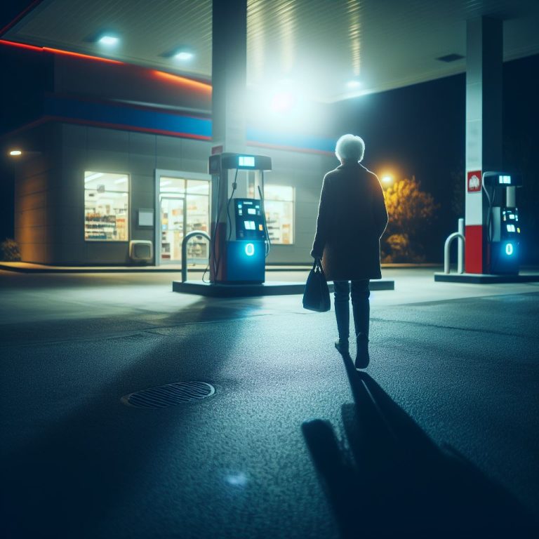 an elderly woman not folllowing night safety tips and walking to gas station in middle of night alone without personal alarm