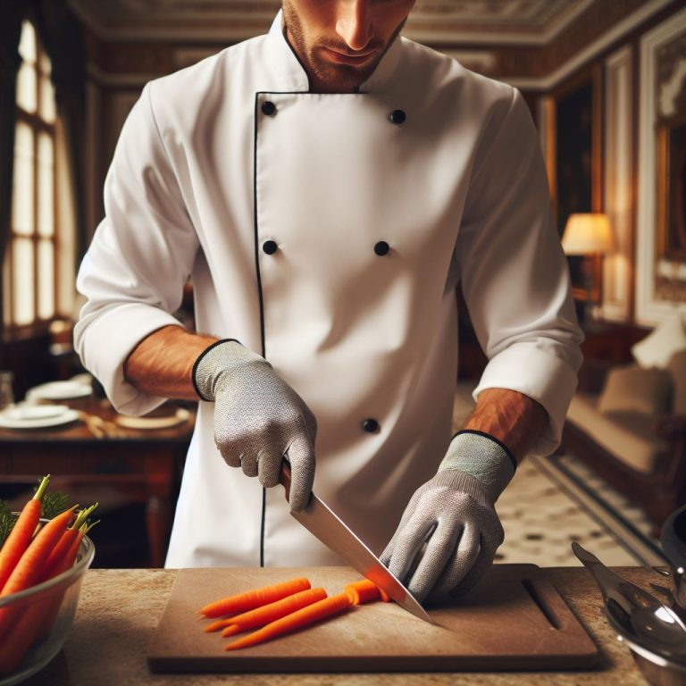 a chef cutting up food using a knife. The chef is in a fancy kitchen, in a luxurious mansion. The chef is using his left hand to chop carrots, while his right hand has a cut-resistant silver glove on to protect it while it holds the food he's cutting