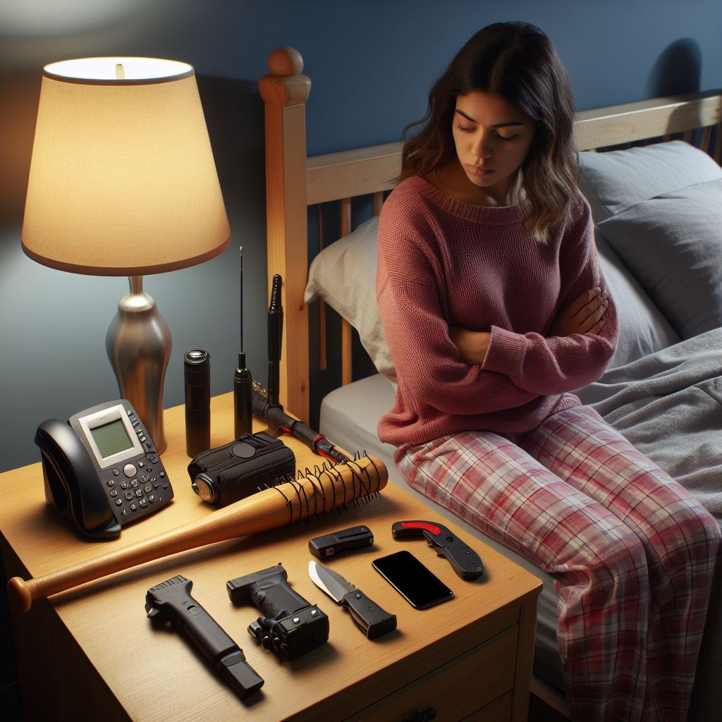 A woman looking down at her nightstand where her weapons are placed