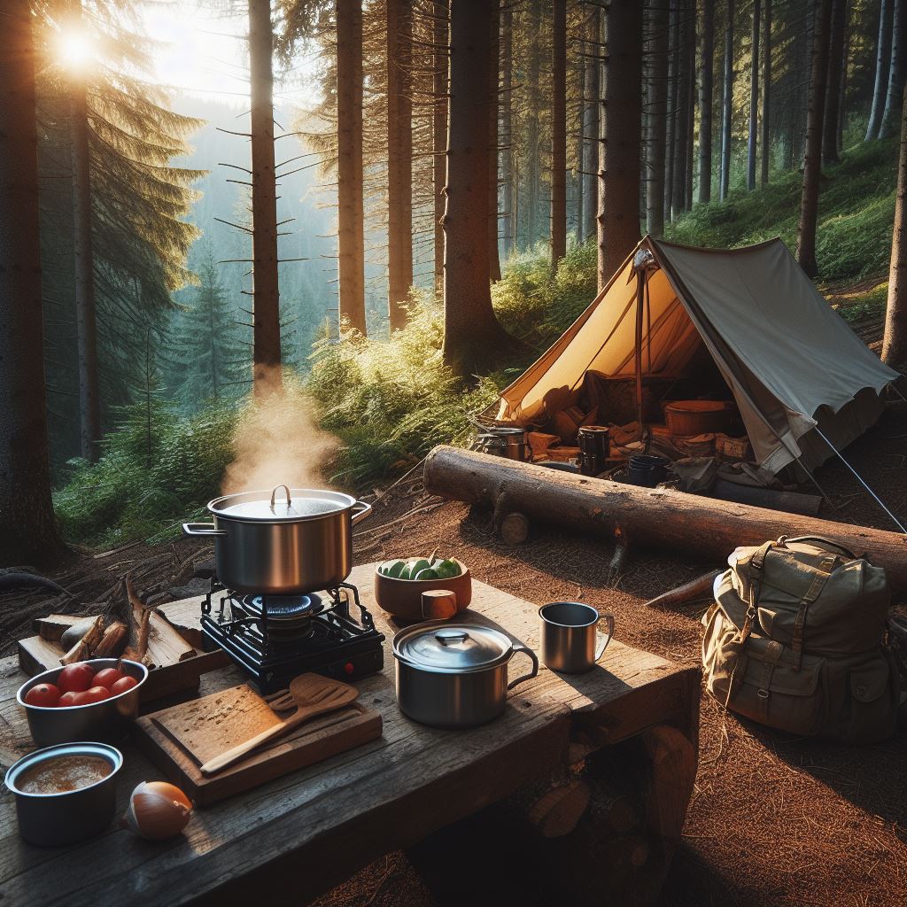 A meal set up outside a camping tent with backcountry cooking gear all around the food