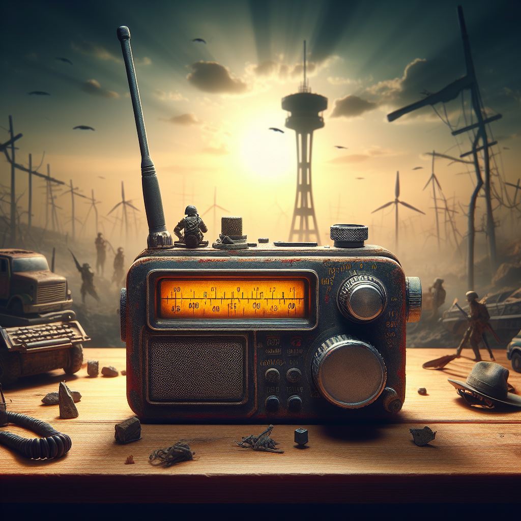A ham radio on a wooden table in a post-apocalyptic setting