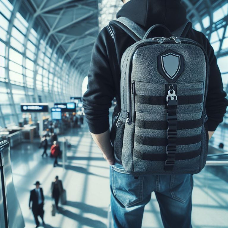 a man wearing anti-theft backpack at the airport