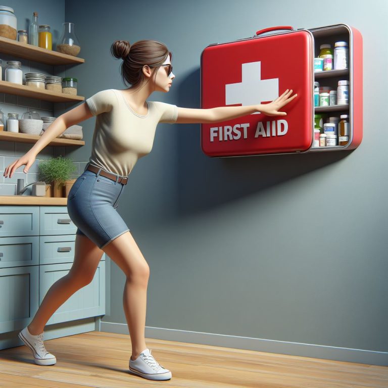 a mother reaching for effective burn care products from her first aid kit in the kitchen