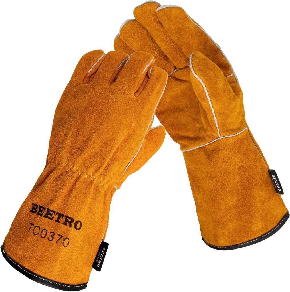 BEETRO Welding Gloves in brown with black text logo are perfect for fireplace and all fire related activities