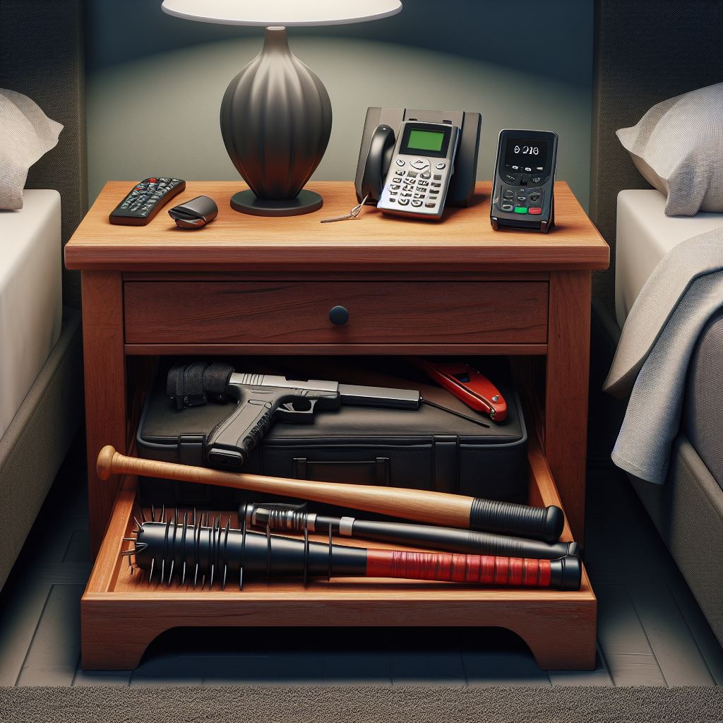 all the best self defense tools to keep near your bed at night displayed on a nightstand