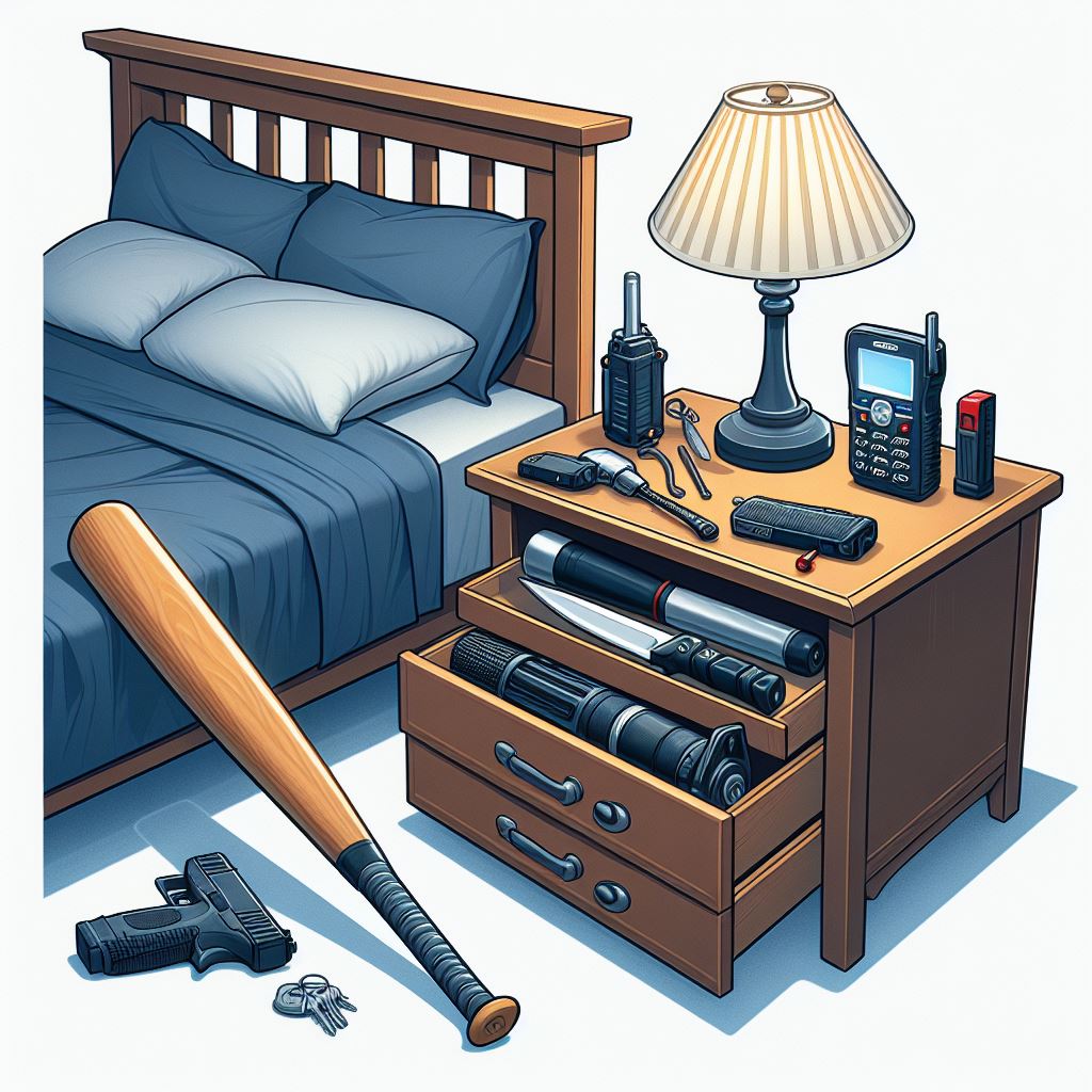 self defense weapons displayed near a bed with some inside the nightstand next to it