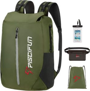 Green Piscifun Dry Waterproof Backpack with white lettering text on it