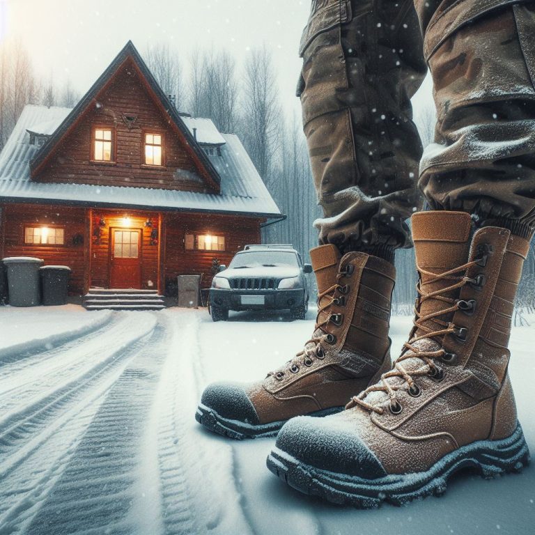 close up of a man's tactical boots for winter while he's wearing them in front of his house standing on ice