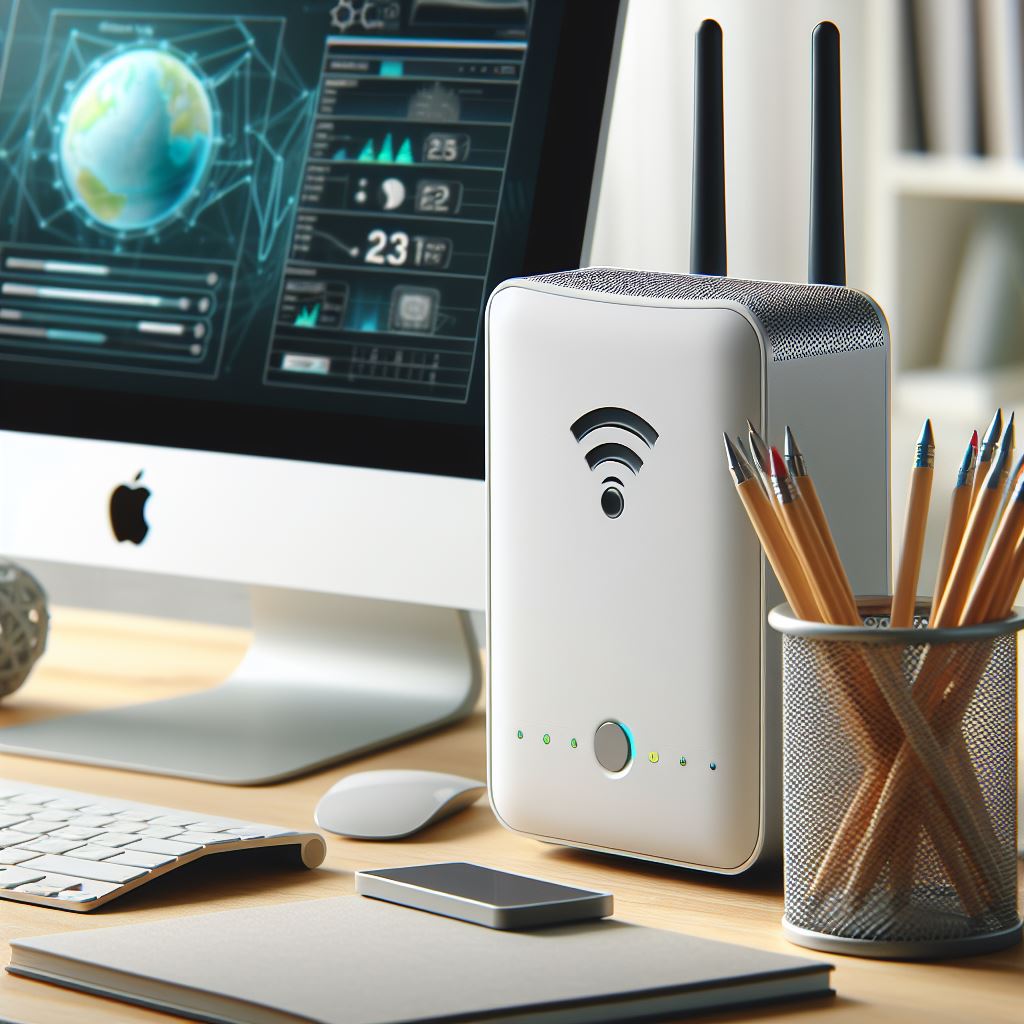 a white secure wifi router sitting next to a pencil holder and Imac computer on a clean wooden desk