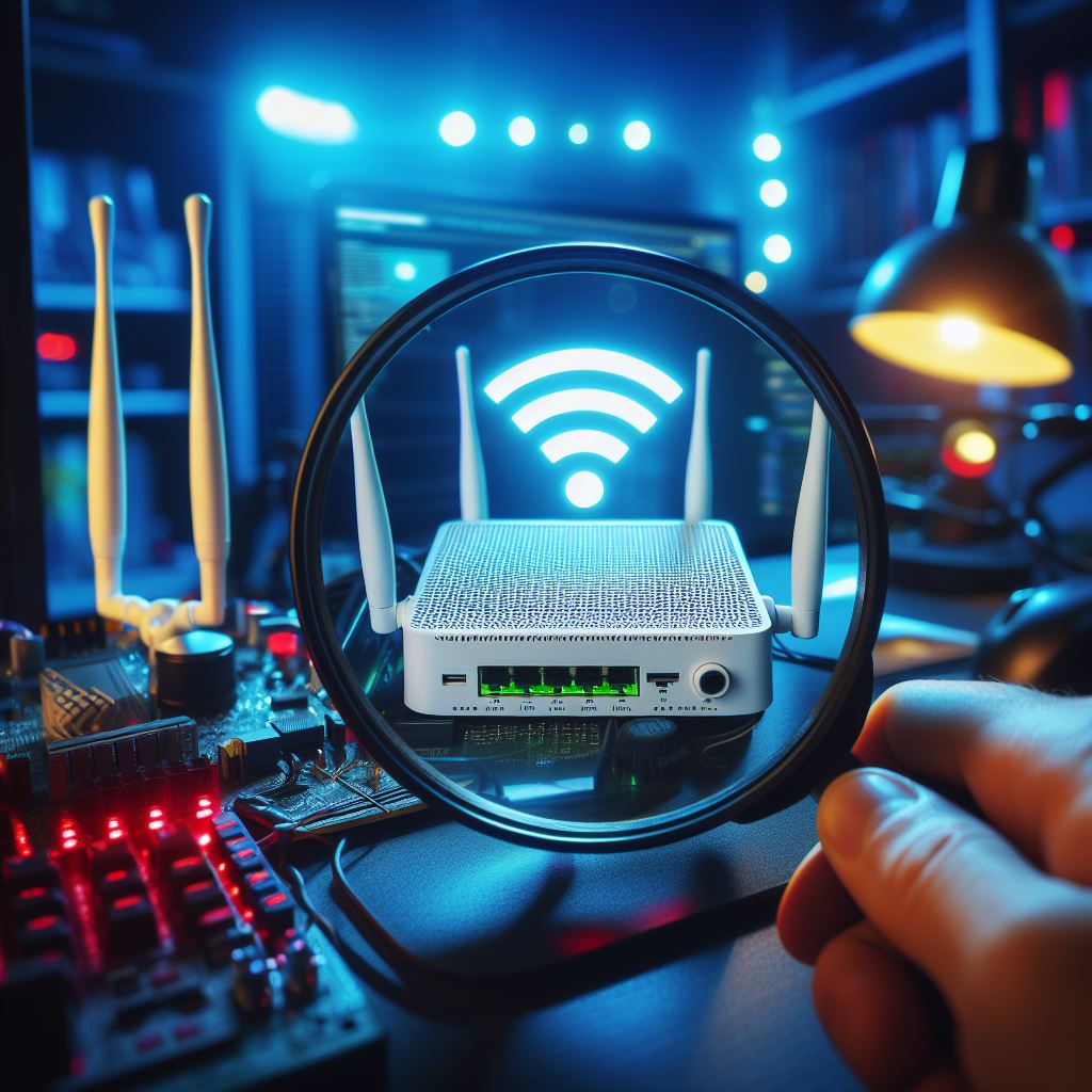 analyzing the security of a router with a magnifying glass