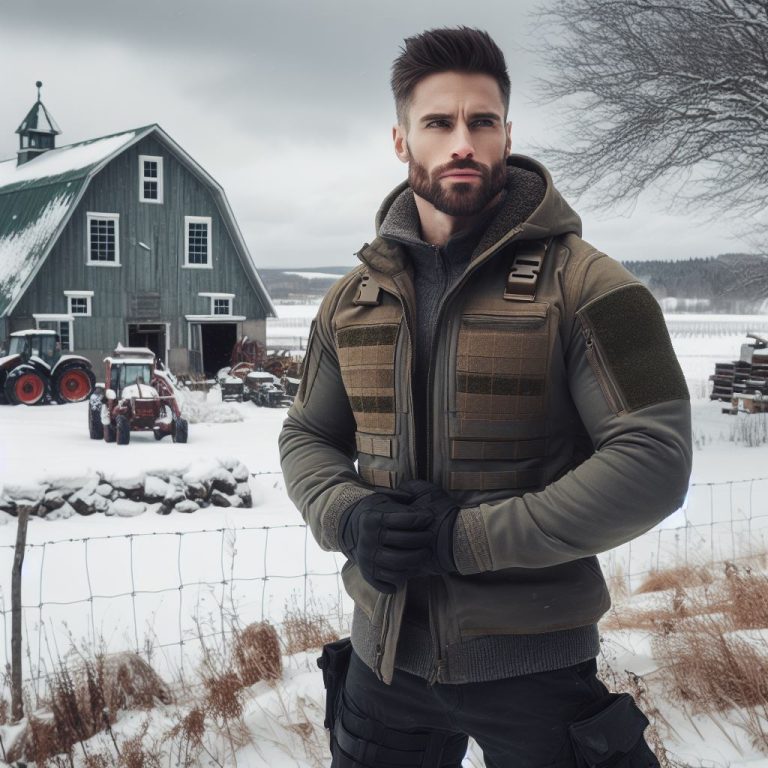 A guy wearing a tactical jacket outside of his farm house in the country during winter