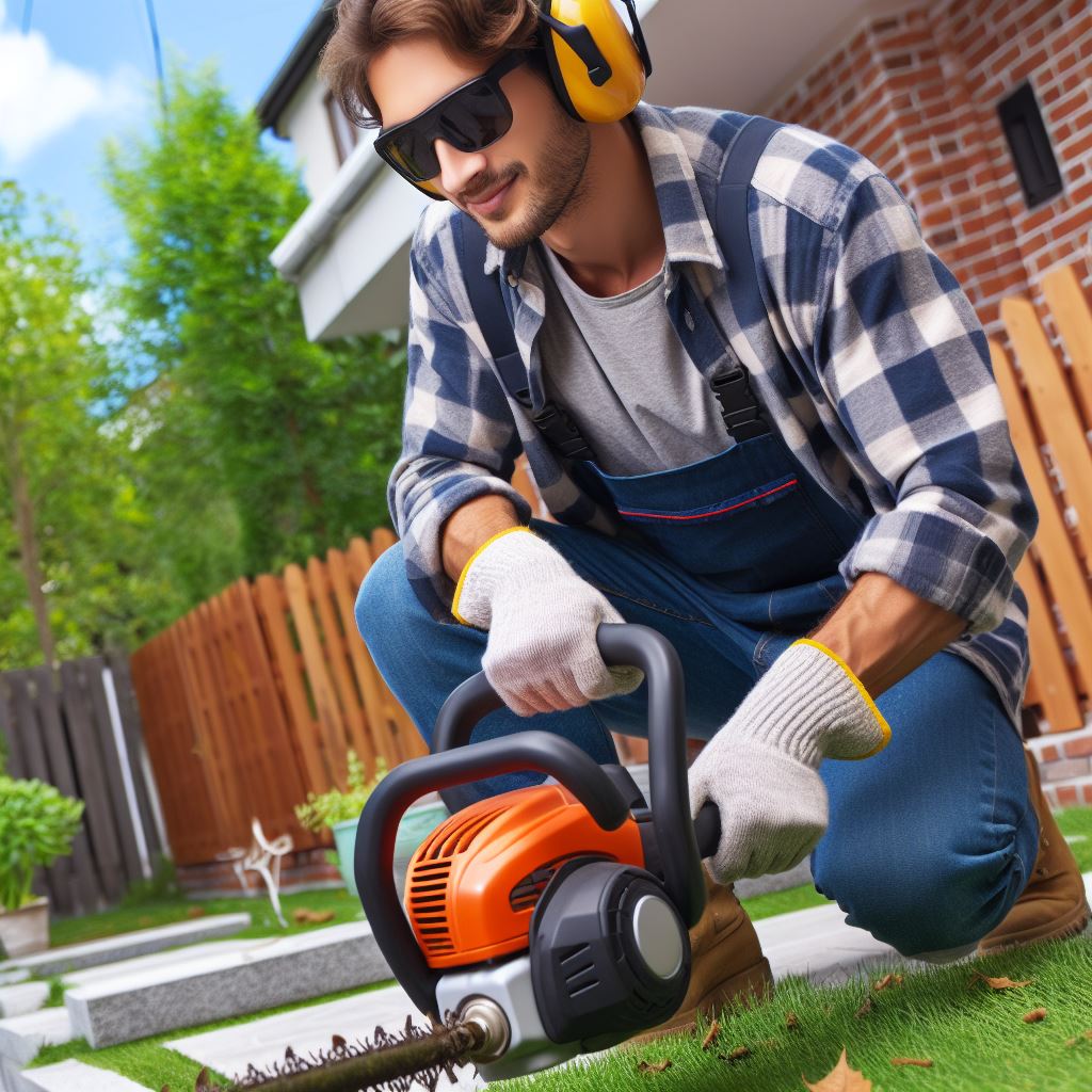a man using ear protection earmuffs to protect his ears while he uses a trimmer to clean up his yard