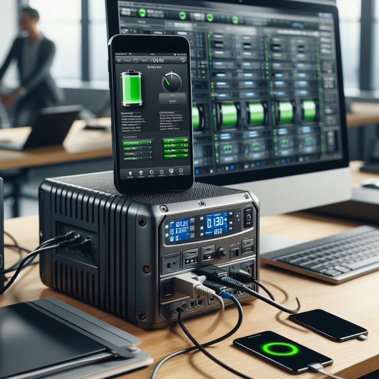a ups system backing up a computer while a surge protector powers tablets and phones