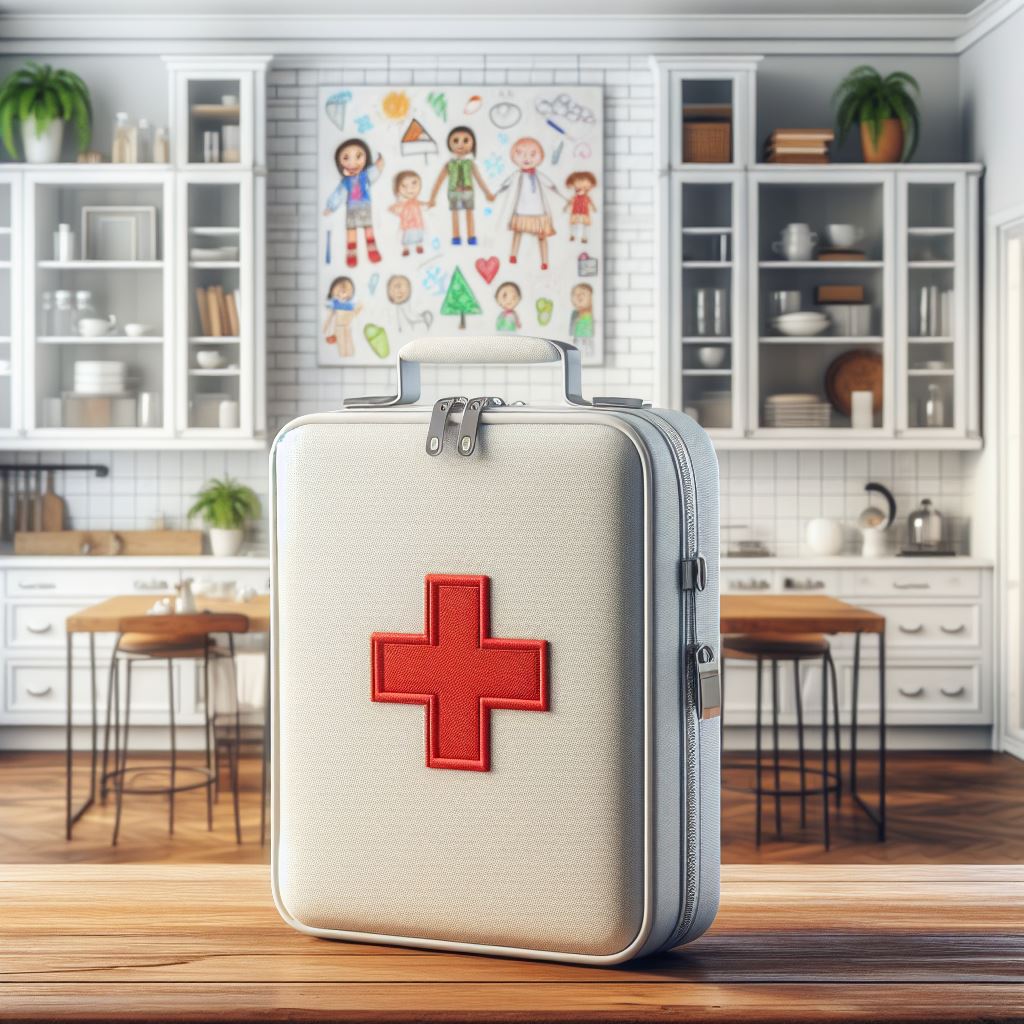 A brand new first aid kit in a kitchen with kids drawings in the background