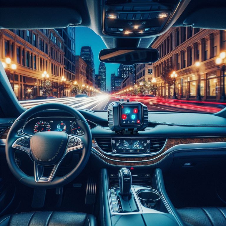 inside of a car with a radar detector mounted to the dash