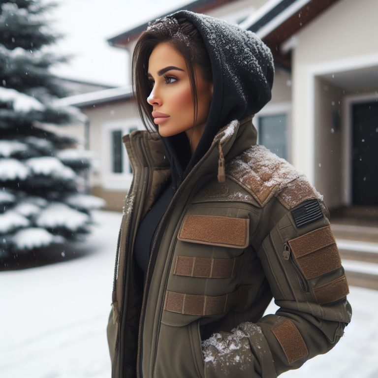 A lady wearing one of the best womens tactical jacket for winter outside of her house on a snowy day