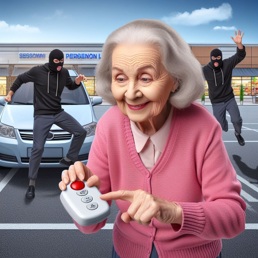 an elderly woman using a personal alarm to scare away robbers from taking her purse in a store parking lot