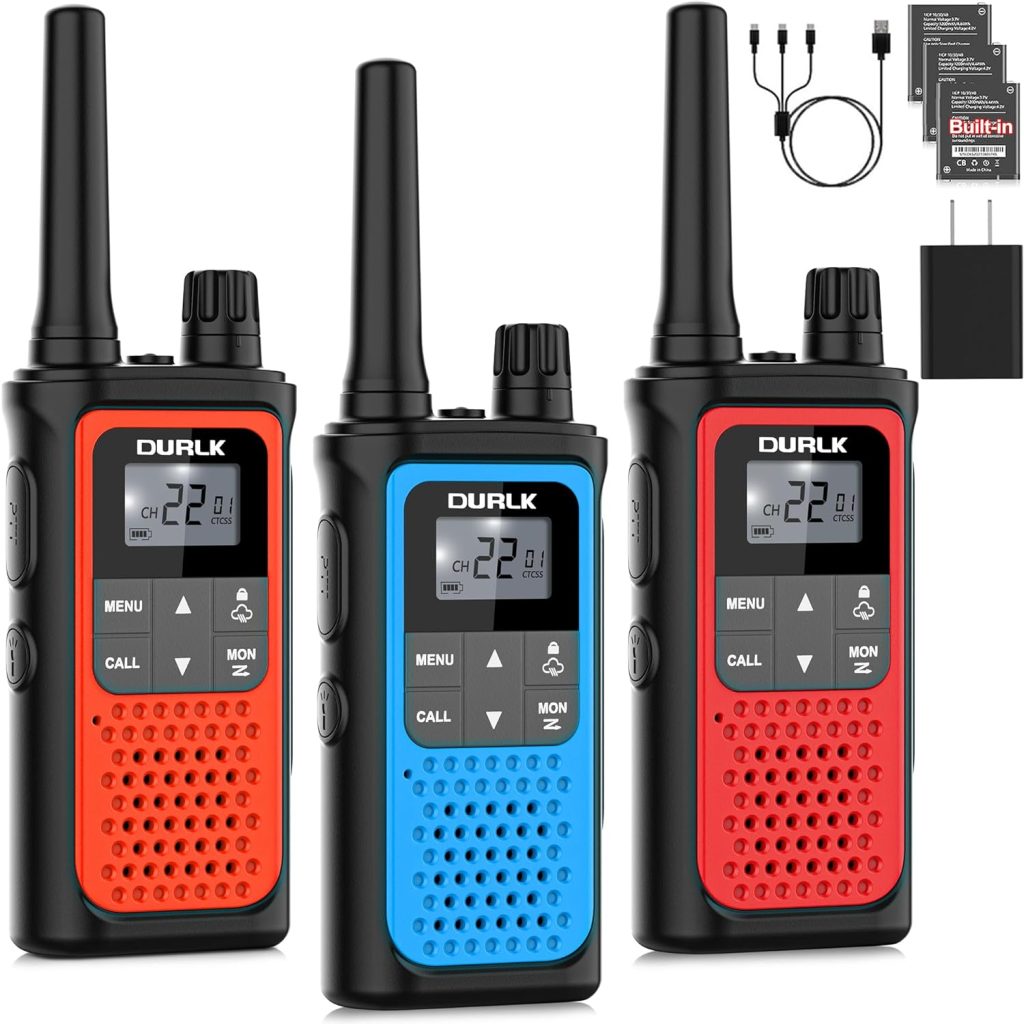 walkie talkie 3 pack with 2 red and 1 blue.