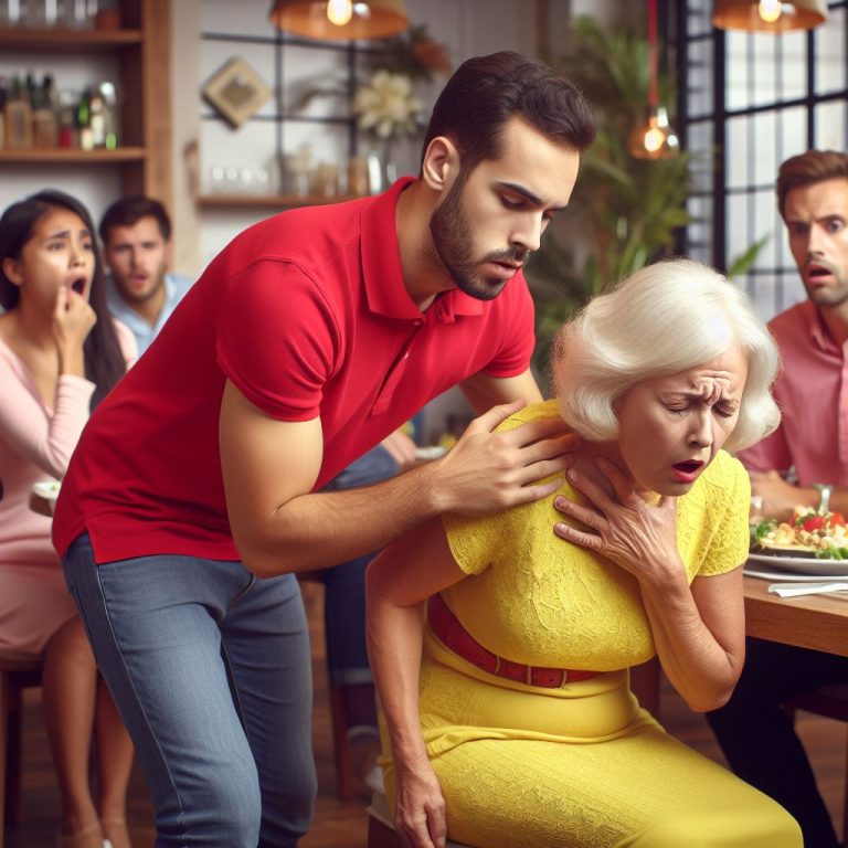A man helping a lady who is choking on her food