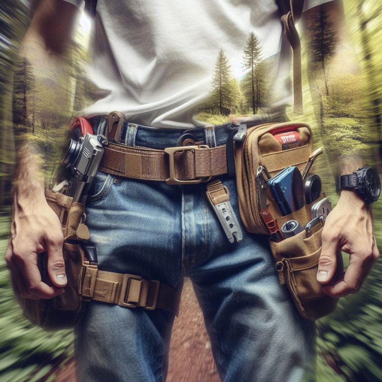 A surreal image of a man hiking in the woods, wearing a regular white t-shirt, a tactical belt, blue jeans, and hiking boots.