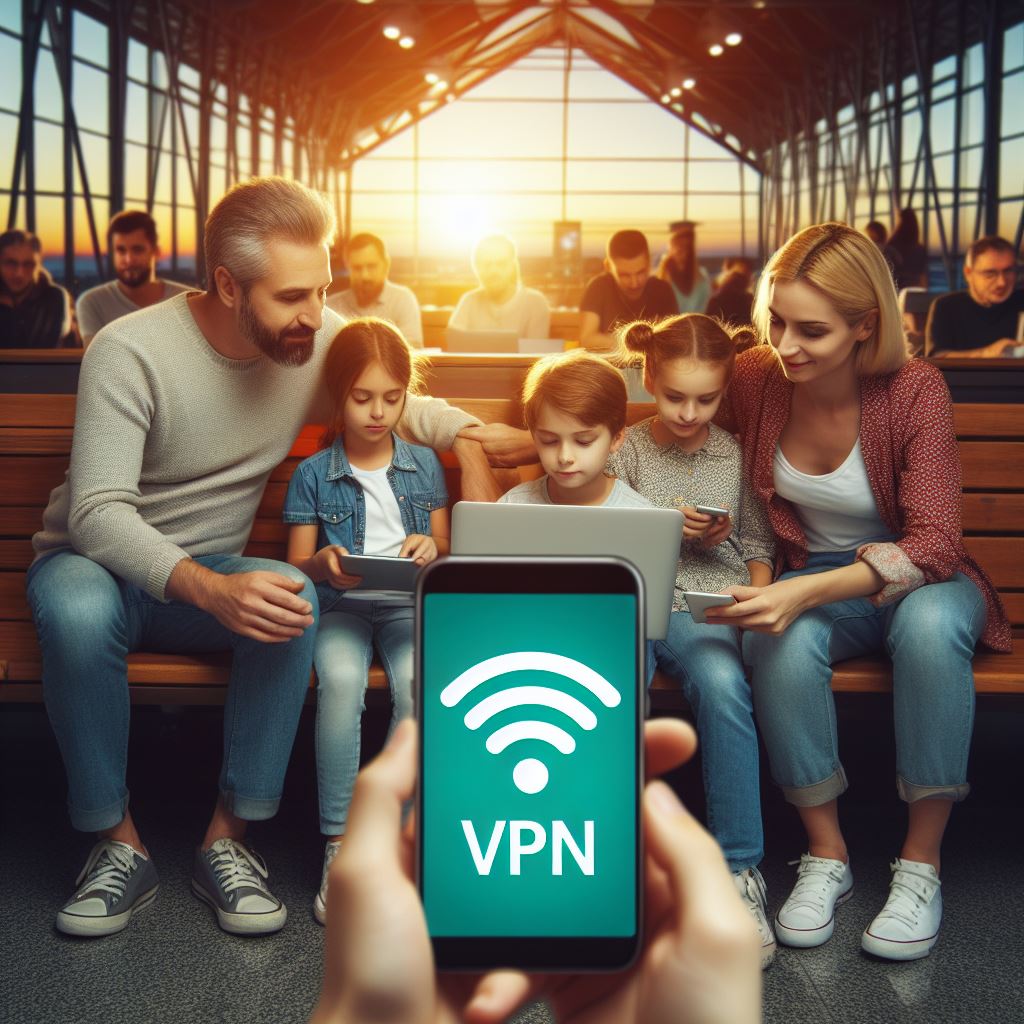 Someone holding a VPN app up on a phone while a family uses a public wifi hotspot