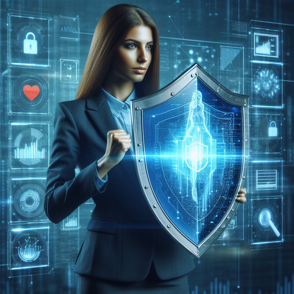 A woman holding a shield to represent defense against manipulative tactics and highlighting the need for cybersecurity.