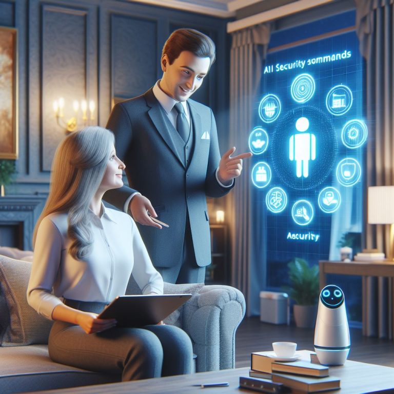 A homeowner interacts with a virtual assistant to control AI security features through voice commands.