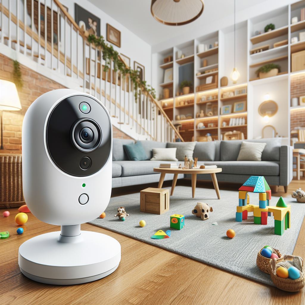 A well-placed nanny cam in a living room or play area, showcasing its unobtrusive design and how it blends into the environment.