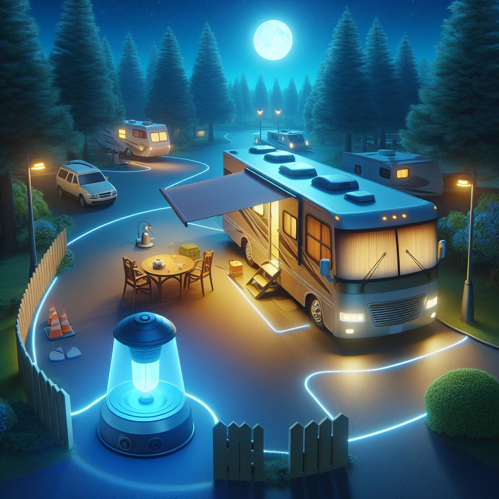 motion-activated lighting around an RV during an overnight stop at a public rv camp
