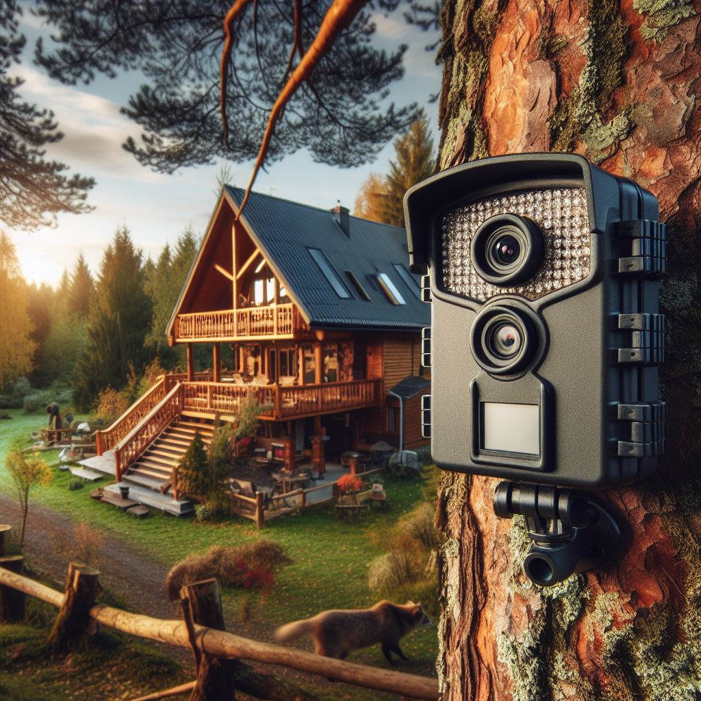 A trail cam placed strategically on a tree, capturing wildlife activity around a house.