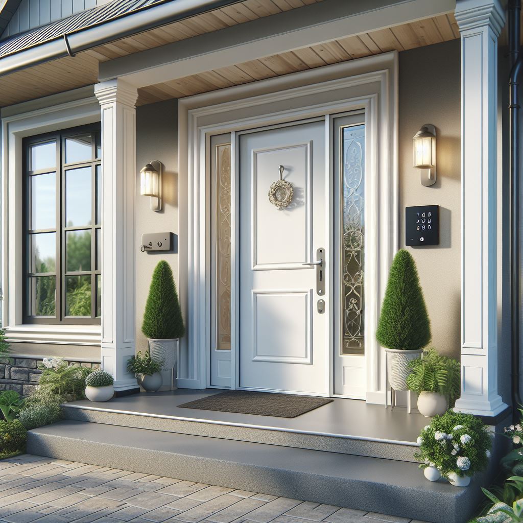 A beautiful home's front porch with one of the best smart locks installed for home security.
