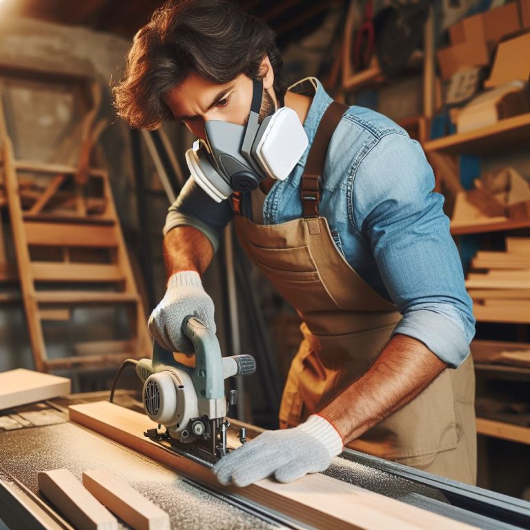someone actively working on a DIY project, sawing wood in their garage while wearing a respirator mask
