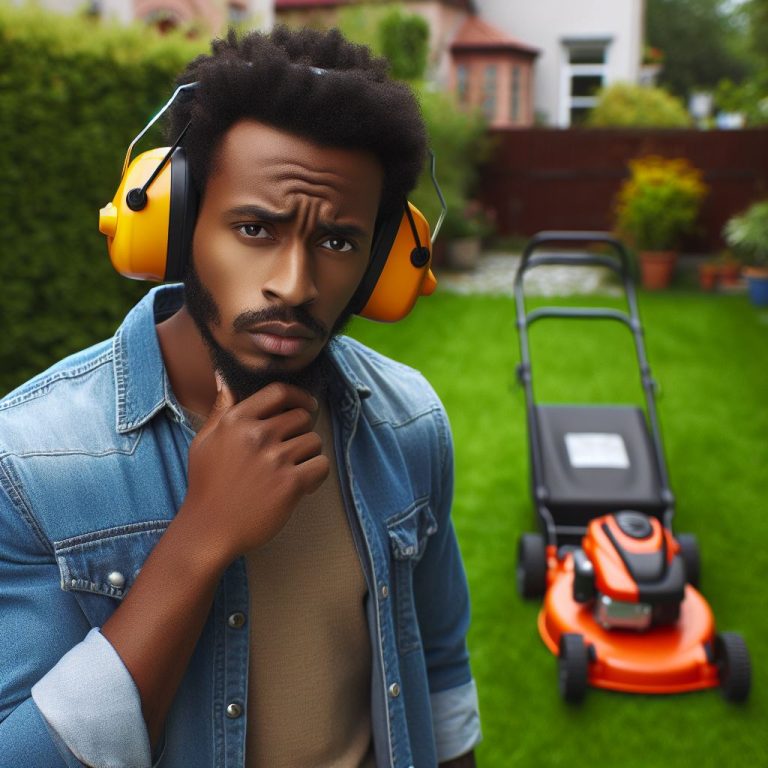 A man wearing protective ear muffs to block out loud noise while mowing the grass