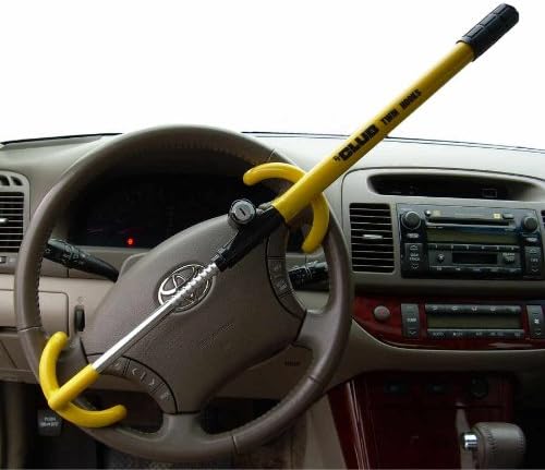 Yellow version of Winner International The Club 3000 Twin Hooks Steering Wheel Lock installed in a Toyota