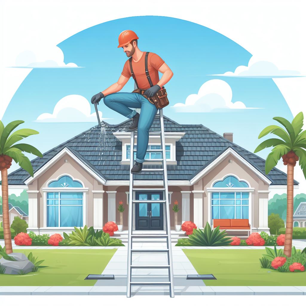 A homeowner on top of a ladder to fix a water leak on his roof during a sunny day in Florida.