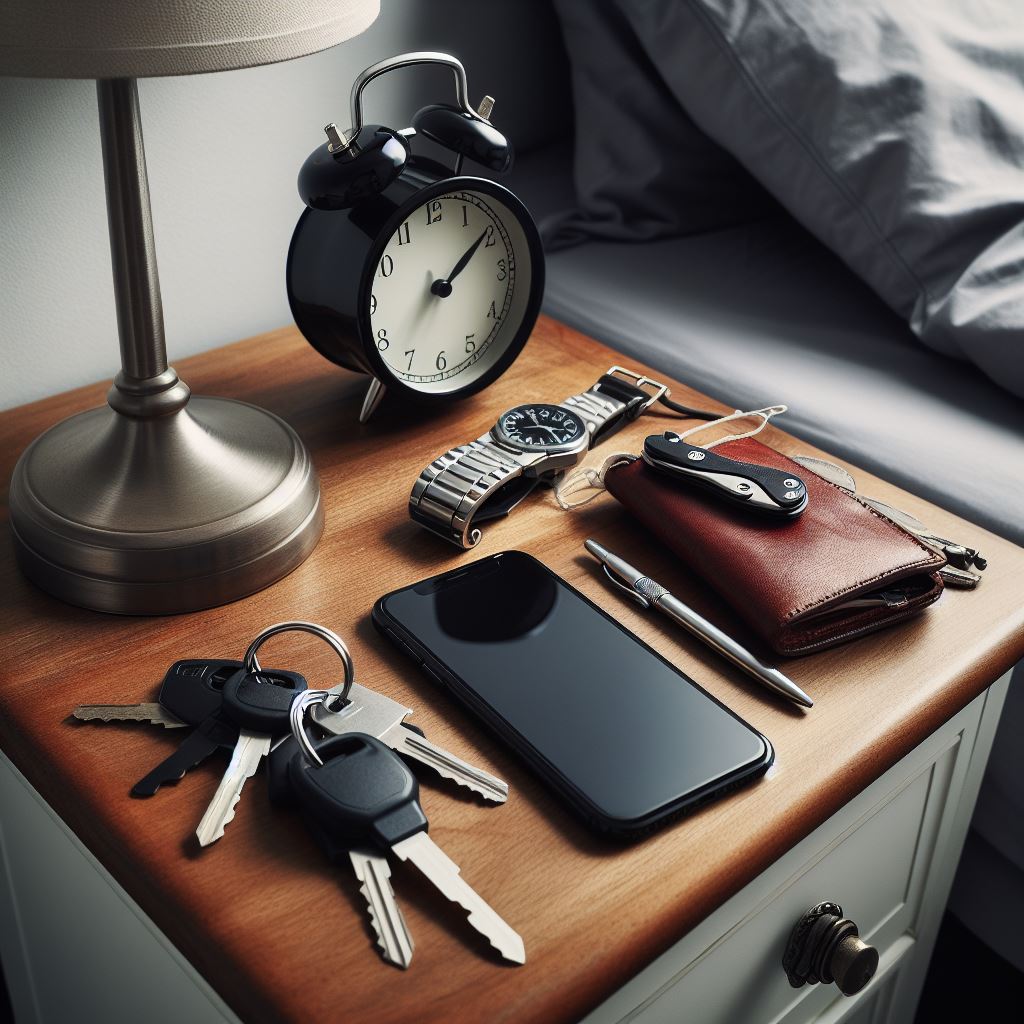 Close-up of a nightstand next to a bed. On the nightstand is an alarm clock, an iphone, keys to a car, and a pocket knife.