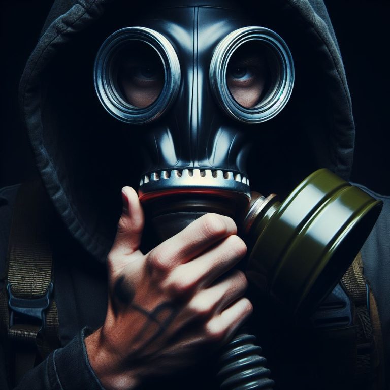 Someone wearing a gas mask in a preparedness stance.