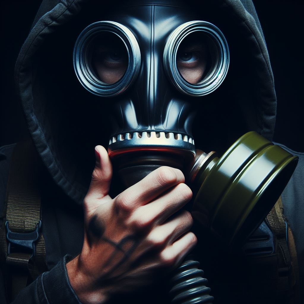 Someone wearing a gas mask in a preparedness stance.