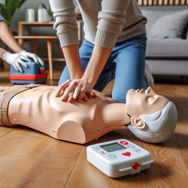 image of hands performing CPR on a mannequin while another person uses a defibrillator.