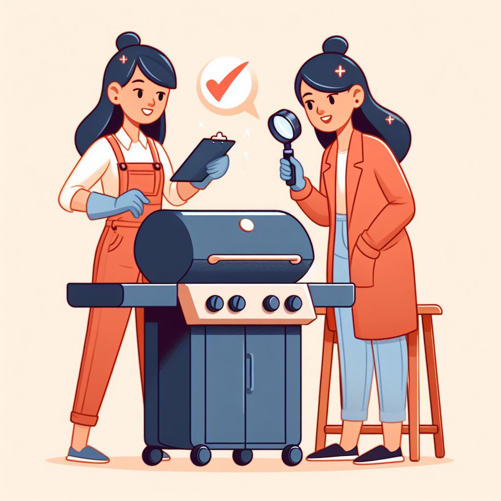 Two ladies inspecting a gas grill for problems to ensure it's safe to use.