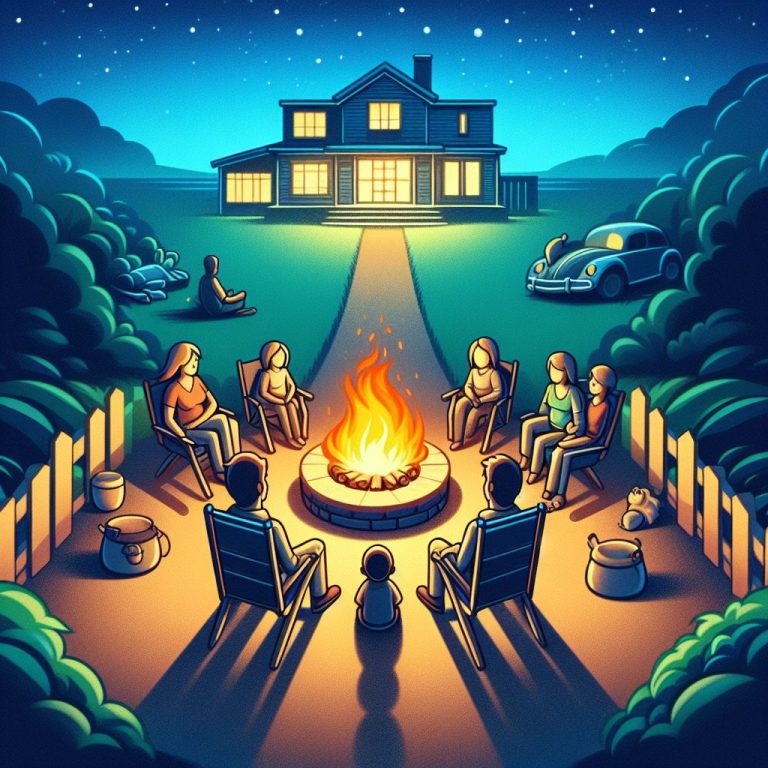a family outside enjoying time together around the fire pit in their backyard
