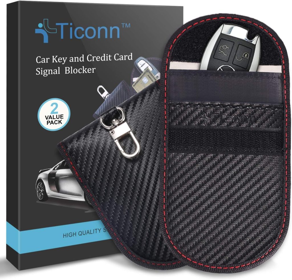 Carbon Fiber design Faraday Bag for Key Fob with 2-pack box behind it