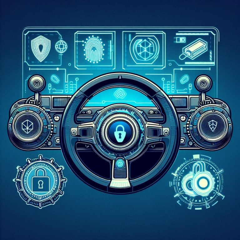 A futuristic car dashboard with biometric access interfaces, geofencing indicators, and blockchain verification symbols integrated alongside a classic wheel lock.