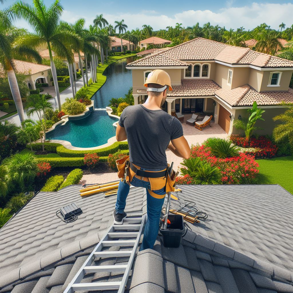 A man wearing a safety helmet while fixing his Florida home's roof.