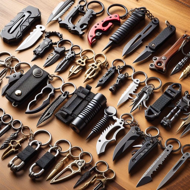 An array of keychain self-defense tools neatly arranged, offering a visual overview of the different options available.