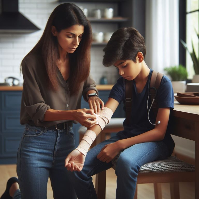a woman applying a tourniquet on her son's arm inside of their home