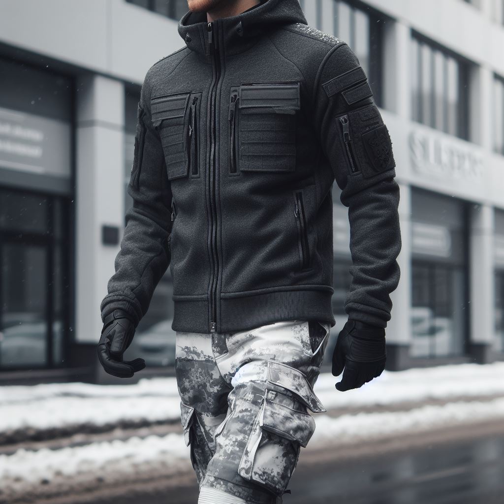 a man walking down the street wearing a tactical stealth jacket on a snowy day