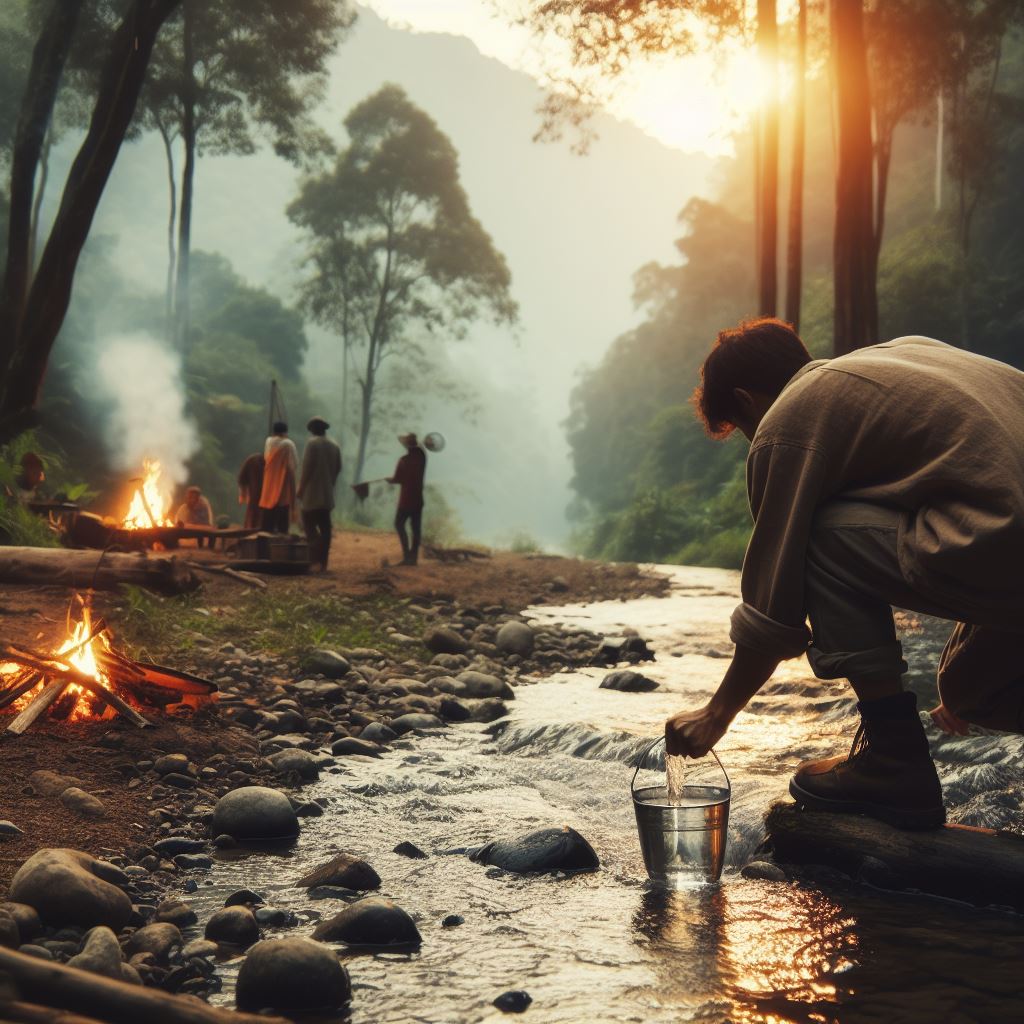 a campsite with a person gathering water from a river nearby and a group of people at a campfire in the distance