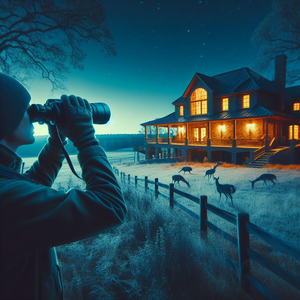 Someone using thermal binoculars in a nighttime outdoor setting, observing wildlife outside of their beautiful ranch-style home