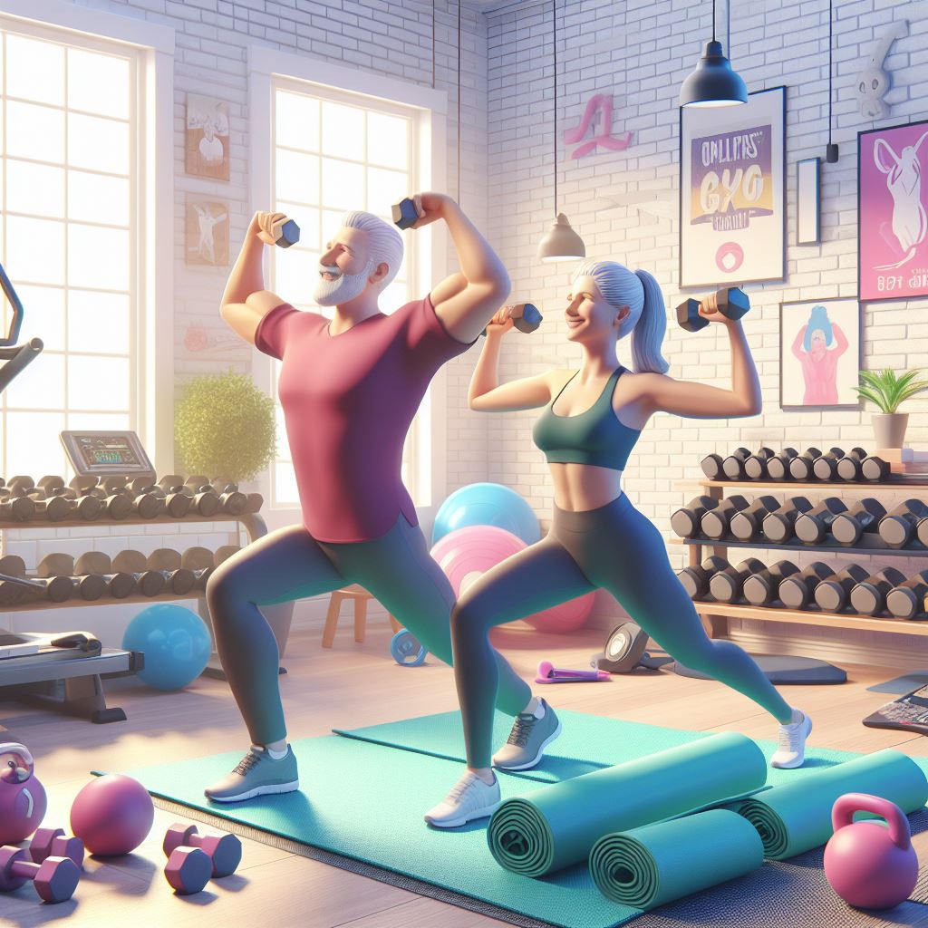 a middle-aged couple working out in their home gym.